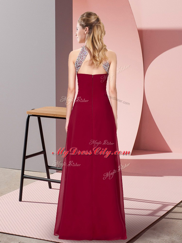 Halter Top Sleeveless Chiffon Evening Dress Beading and Ruching Zipper