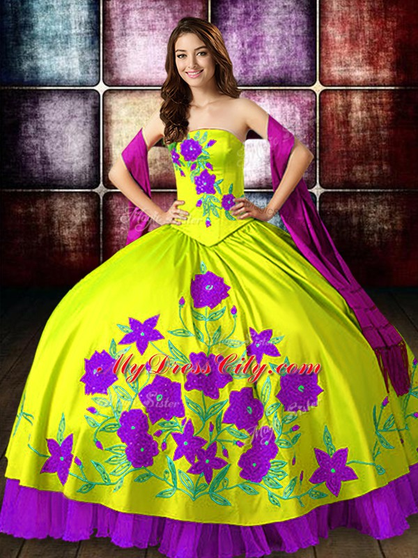 Yellow Green Strapless Lace Up Embroidery Quinceanera Gown Sleeveless