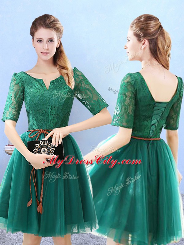 Hot Selling Green A-line Tulle Scoop Half Sleeves Lace Knee Length Lace Up Dama Dress for Quinceanera