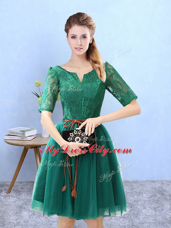 Hot Selling Green A-line Tulle Scoop Half Sleeves Lace Knee Length Lace Up Dama Dress for Quinceanera