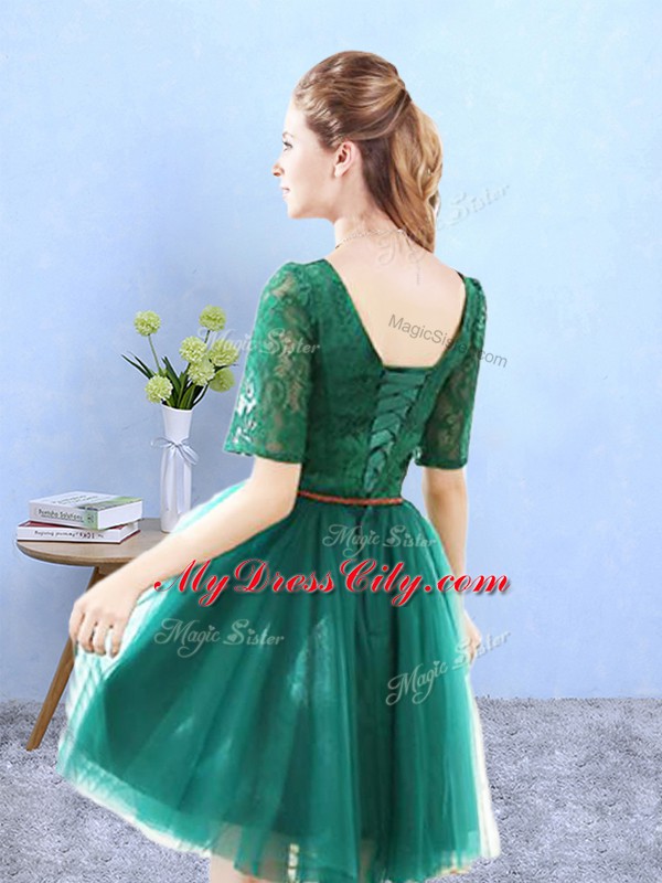 Hot Selling Green A-line Tulle Scoop Half Sleeves Lace Knee Length Lace Up Dama Dress for Quinceanera