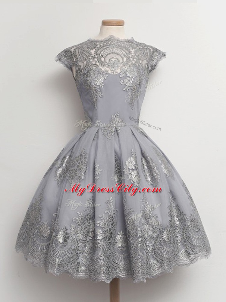 Stunning Grey Lace Up Bridesmaid Dresses Lace Cap Sleeves Tea Length