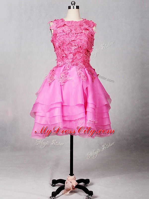 Smart Rose Pink Sleeveless Lace and Appliques and Ruffled Layers Knee