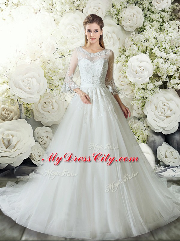 Chic White V-neck Neckline Lace Wedding Gowns 3 4 Length Sleeve Zipper