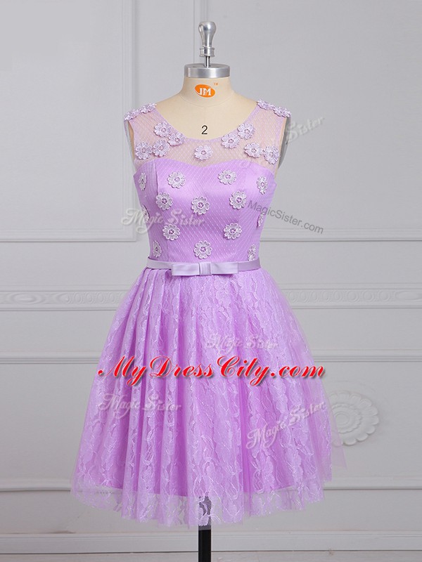 Latest Lilac Lace Lace Up Dama Dress Sleeveless Mini Length Appliques and Belt