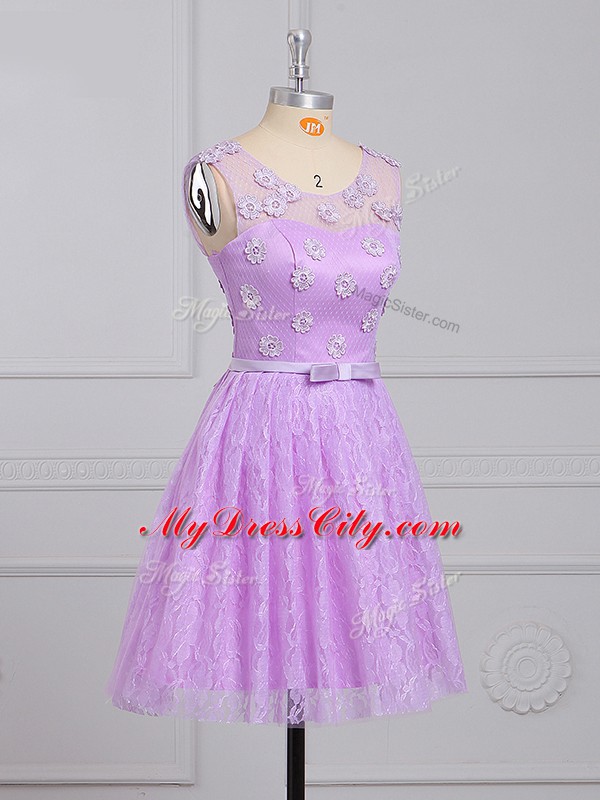 Latest Lilac Lace Lace Up Dama Dress Sleeveless Mini Length Appliques and Belt