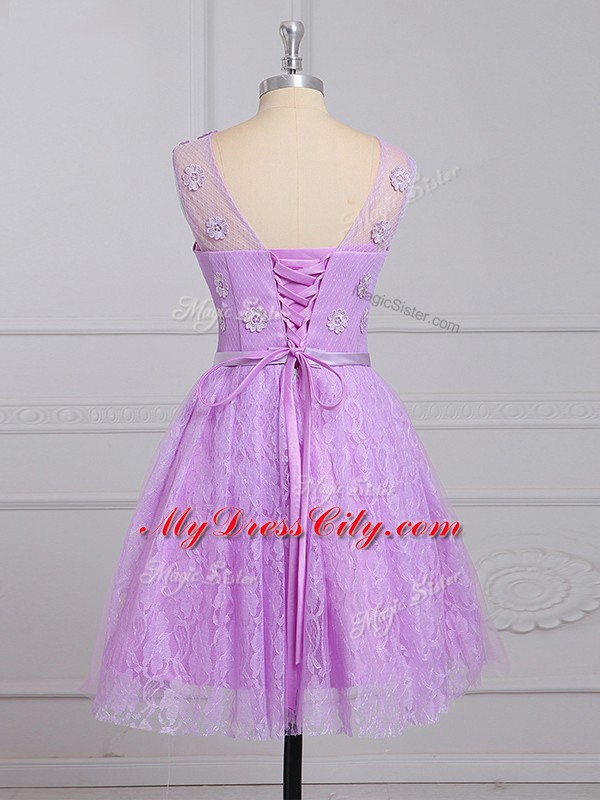 Latest Lilac Lace Lace Up Dama Dress Sleeveless Mini Length Appliques and Belt