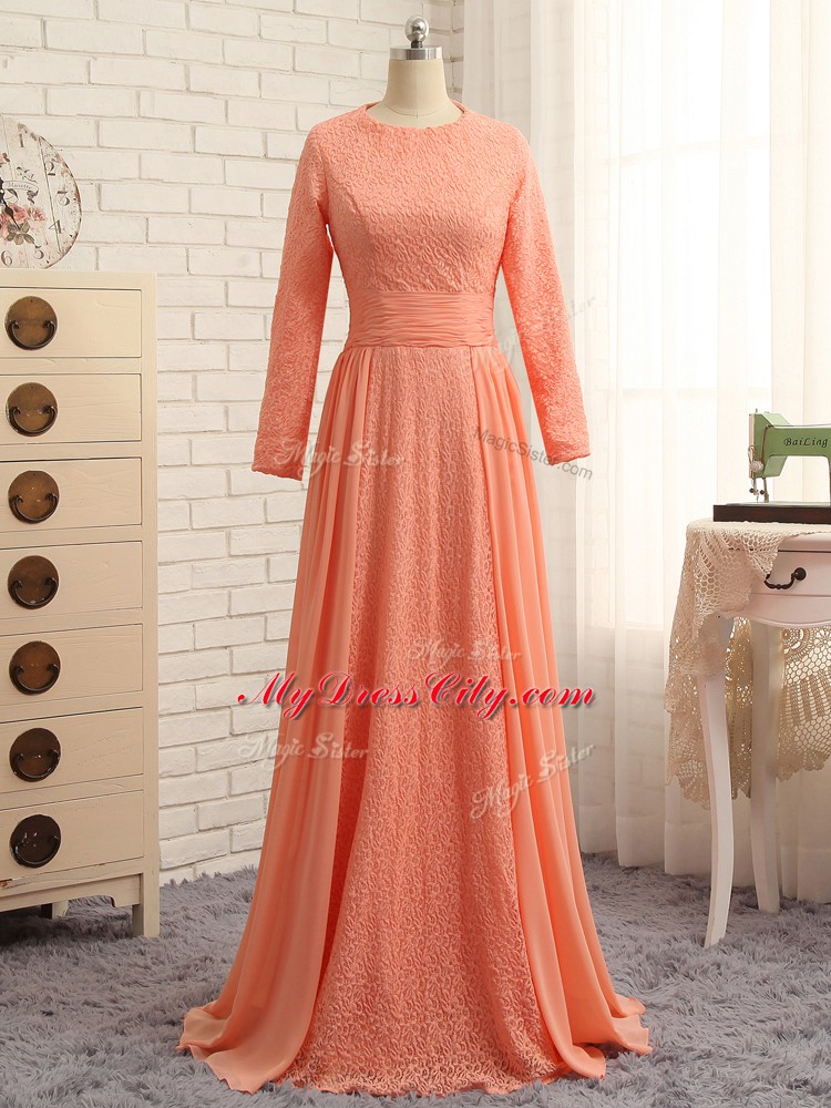 Beauteous Orange Column/Sheath Chiffon Scoop Long Sleeves Lace Floor Length Zipper Mother of Groom Dress