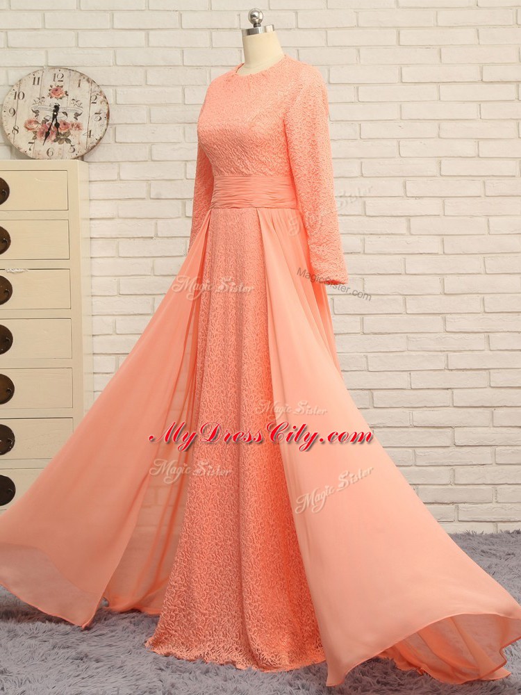 Beauteous Orange Column/Sheath Chiffon Scoop Long Sleeves Lace Floor Length Zipper Mother of Groom Dress