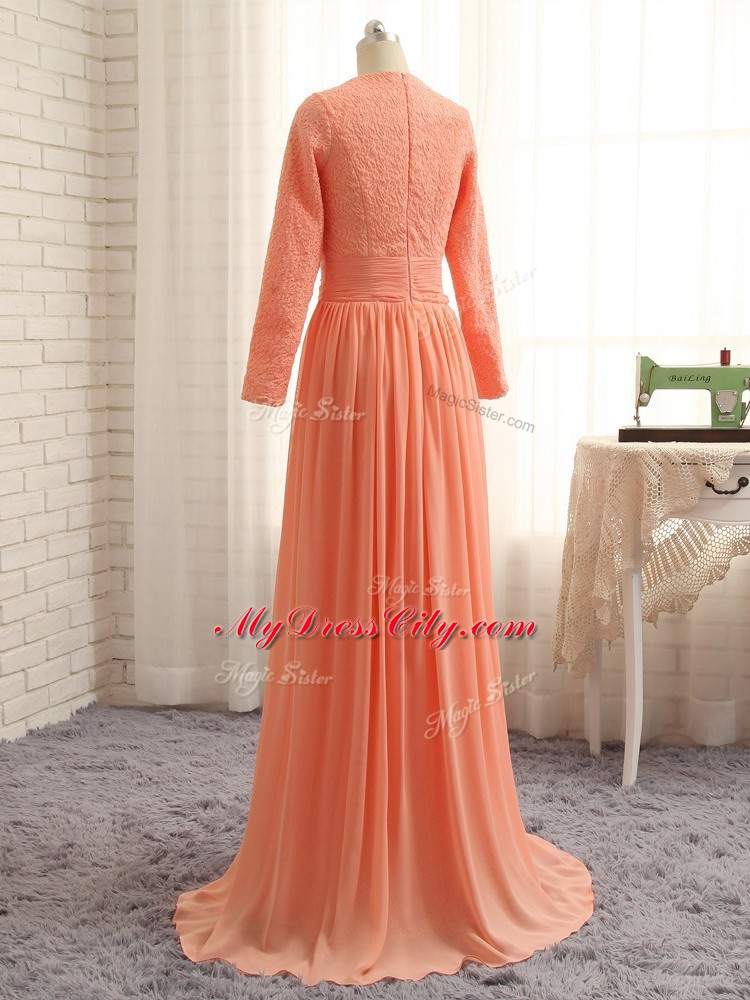 Beauteous Orange Column/Sheath Chiffon Scoop Long Sleeves Lace Floor Length Zipper Mother of Groom Dress