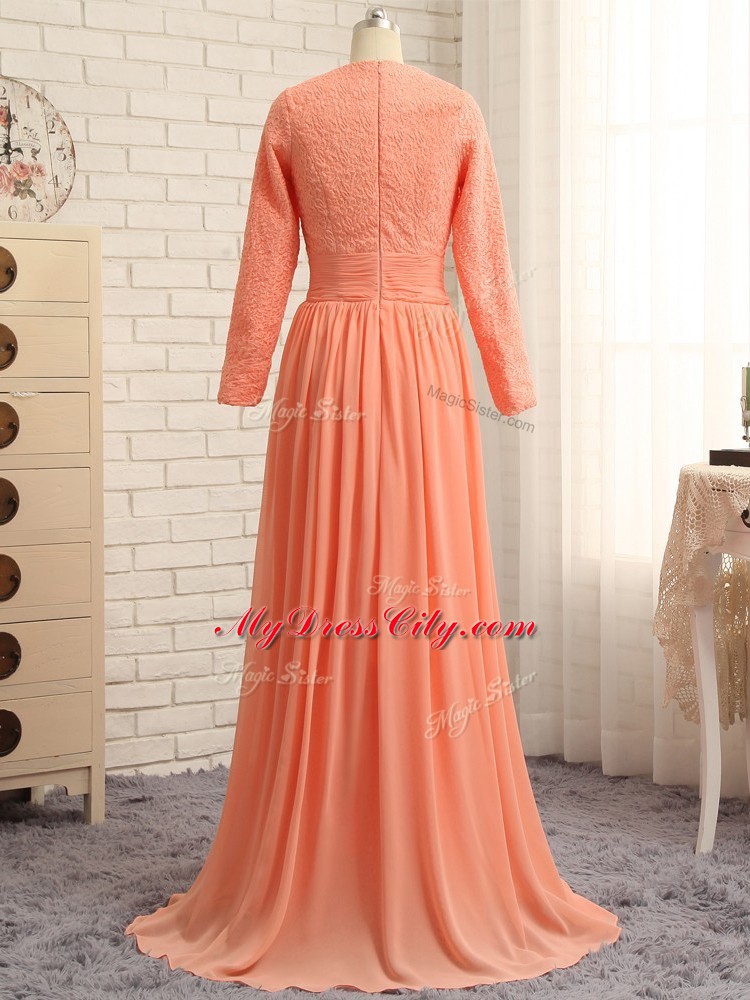 Beauteous Orange Column/Sheath Chiffon Scoop Long Sleeves Lace Floor Length Zipper Mother of Groom Dress