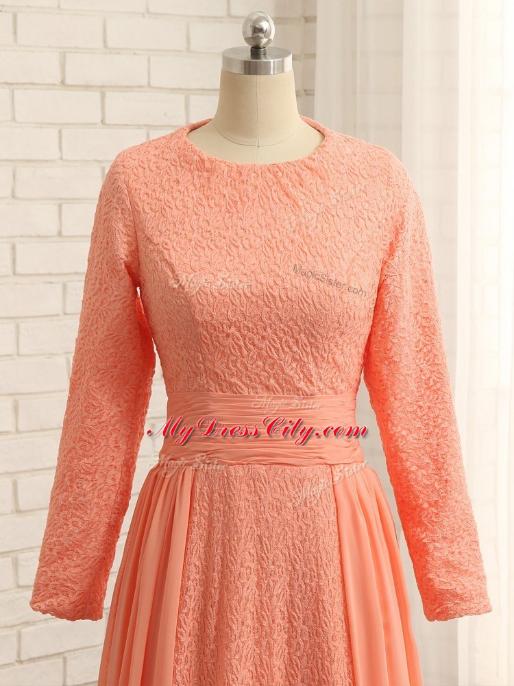 Beauteous Orange Column/Sheath Chiffon Scoop Long Sleeves Lace Floor Length Zipper Mother of Groom Dress