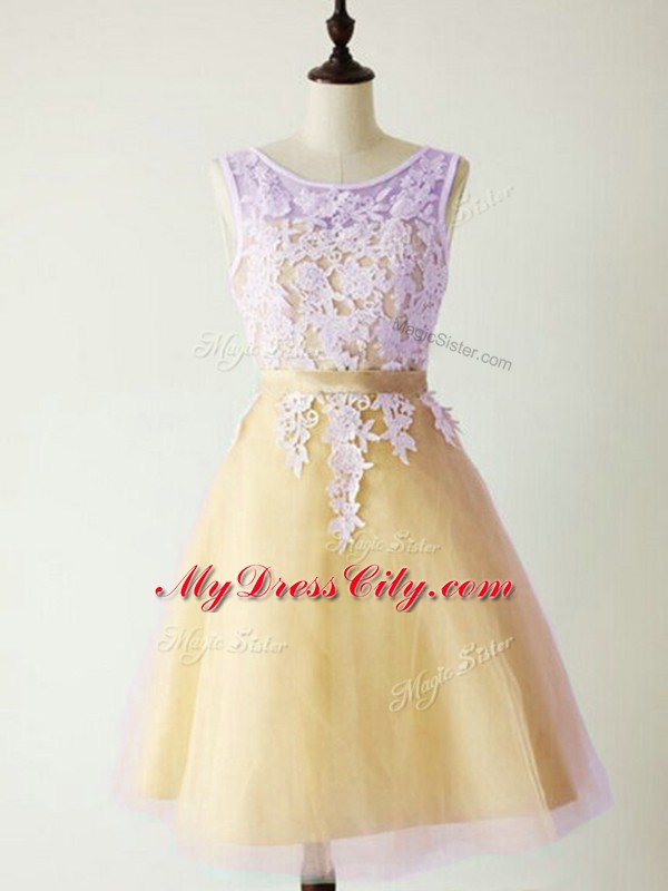 Gold Lace Up Bridesmaid Gown Lace Sleeveless Knee Length