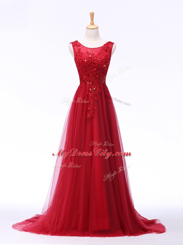 Red Lace Up Scoop Lace and Appliques Going Out Dresses Tulle Sleeveless Brush Train