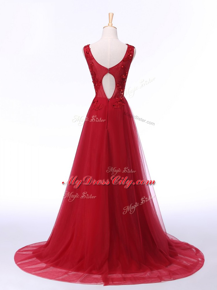 Red Lace Up Scoop Lace and Appliques Going Out Dresses Tulle Sleeveless Brush Train