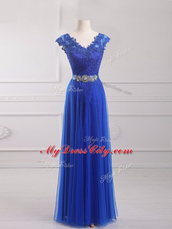 Tulle Short Sleeves Floor Length Prom Dress and Beading and Lace and Appliques and Belt