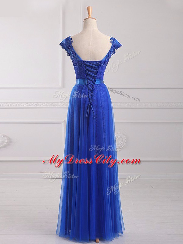 Tulle Short Sleeves Floor Length Prom Dress and Beading and Lace and Appliques and Belt