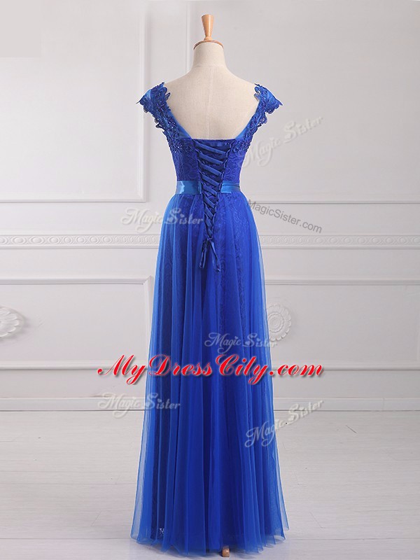 Tulle Short Sleeves Floor Length Prom Dress and Beading and Lace and Appliques and Belt