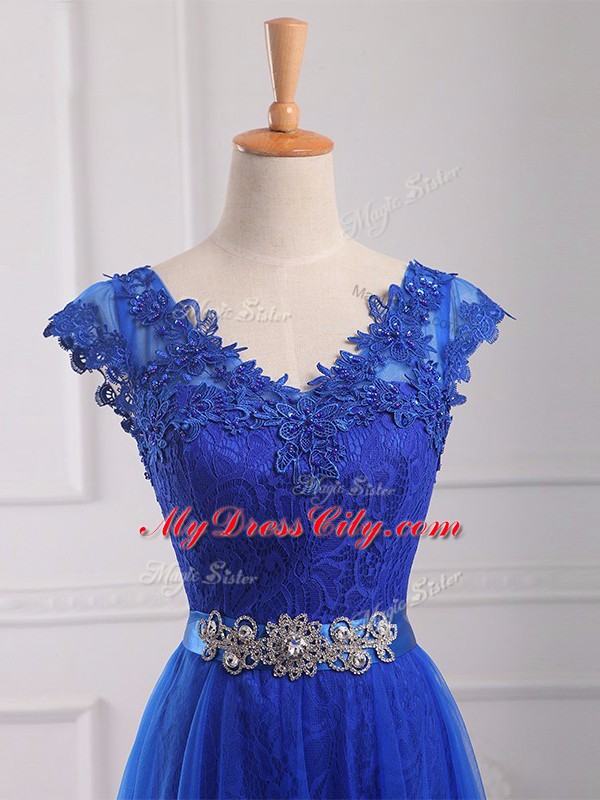 Tulle Short Sleeves Floor Length Prom Dress and Beading and Lace and Appliques and Belt