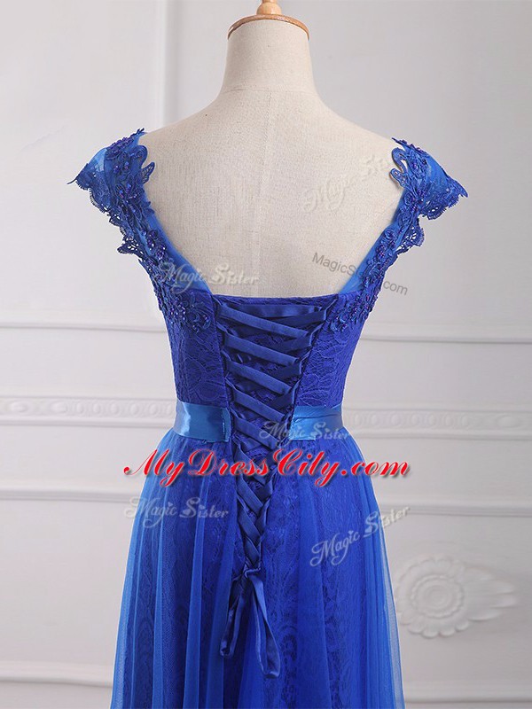 Tulle Short Sleeves Floor Length Prom Dress and Beading and Lace and Appliques and Belt