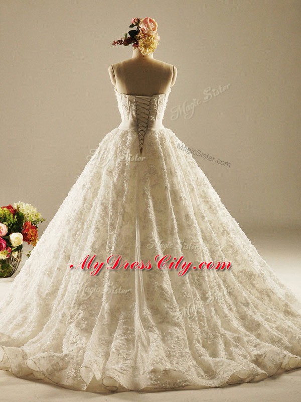 Classical Sweetheart Sleeveless Lace Wedding Gowns Beading and Lace Brush Train Lace Up