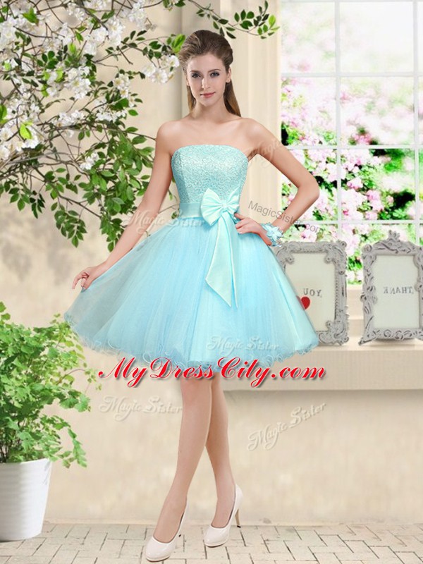 Decent Knee Length Aqua Blue Dama Dress Off The Shoulder Sleeveless Lace Up