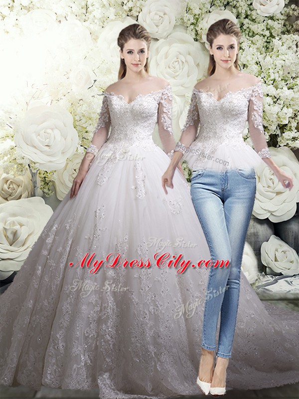 White Wedding Gown Off The Shoulder 3 4 Length Sleeve Chapel Train Zipper