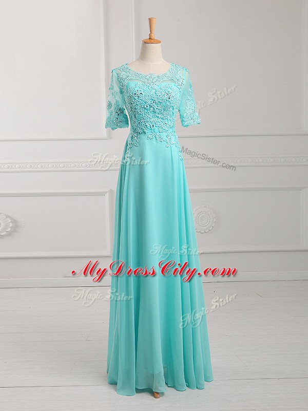 Popular Floor Length Empire Half Sleeves Aqua Blue Mother of Bride Dresses Zipper