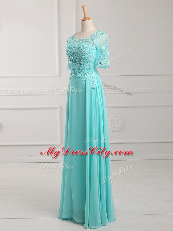 Popular Floor Length Empire Half Sleeves Aqua Blue Mother of Bride Dresses Zipper