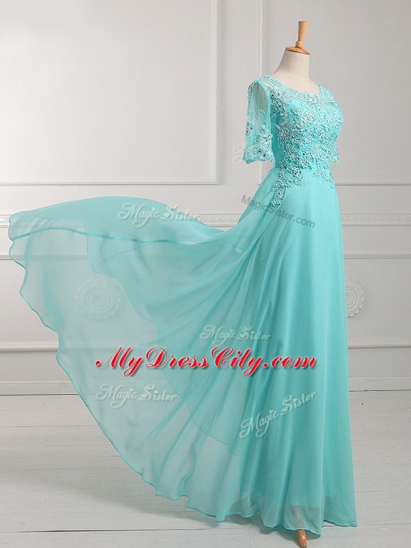 Popular Floor Length Empire Half Sleeves Aqua Blue Mother of Bride Dresses Zipper