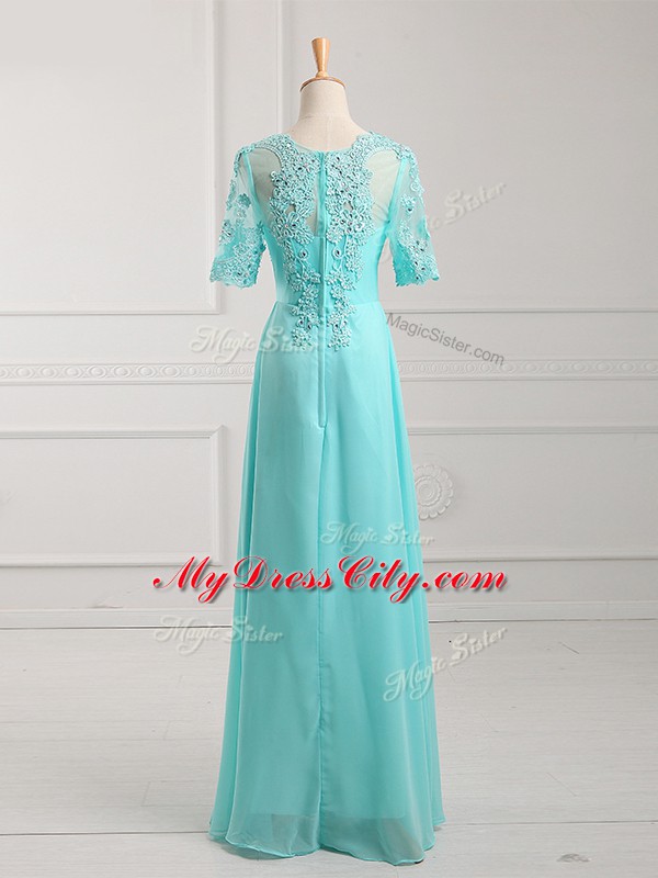 Popular Floor Length Empire Half Sleeves Aqua Blue Mother of Bride Dresses Zipper