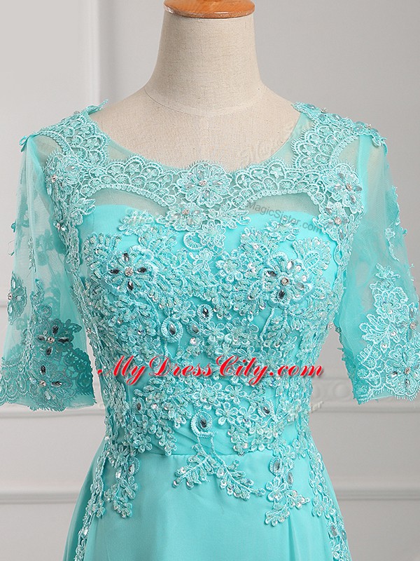 Popular Floor Length Empire Half Sleeves Aqua Blue Mother of Bride Dresses Zipper