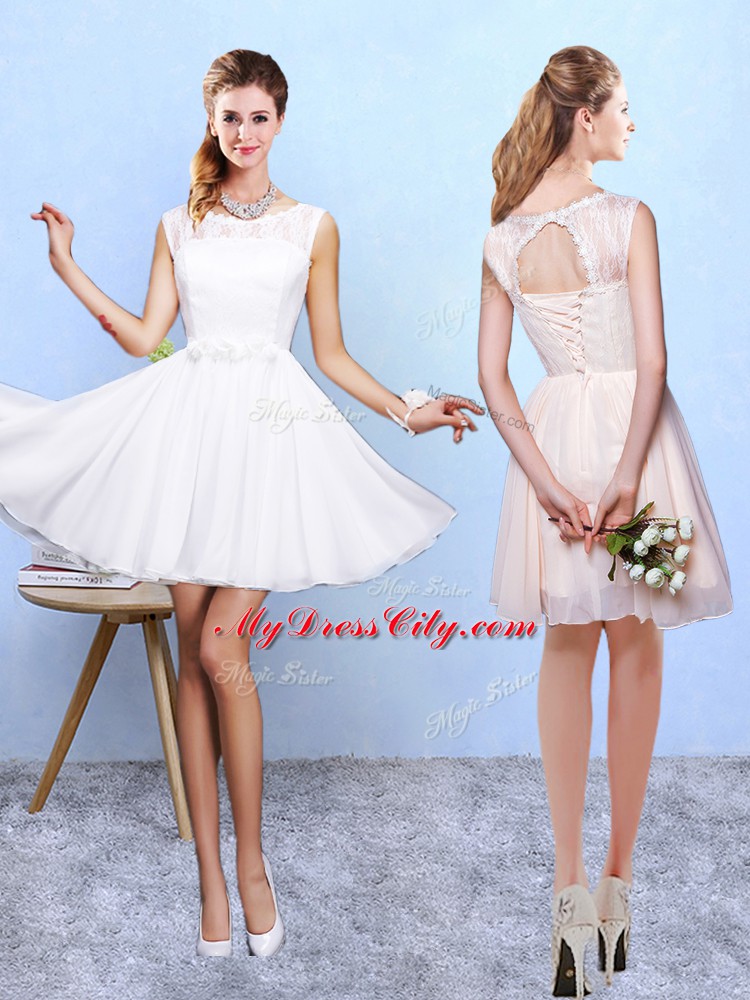 White A-line Lace and Appliques Vestidos de Damas Lace Up Chiffon Sleeveless Knee Length