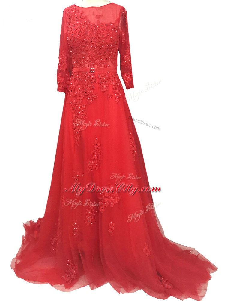 Comfortable Long Sleeves Tulle Brush Train Zipper Dress for Prom in Red with Lace and Appliques and Belt