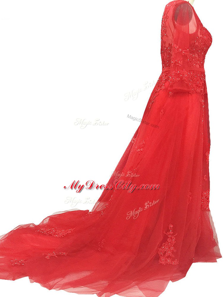 Comfortable Long Sleeves Tulle Brush Train Zipper Dress for Prom in Red with Lace and Appliques and Belt