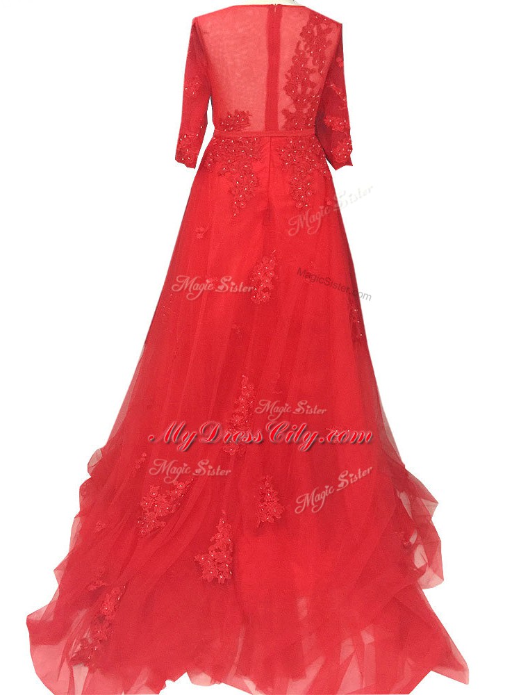 Comfortable Long Sleeves Tulle Brush Train Zipper Dress for Prom in Red with Lace and Appliques and Belt