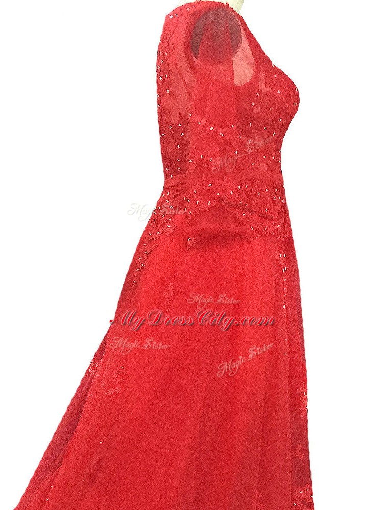 Comfortable Long Sleeves Tulle Brush Train Zipper Dress for Prom in Red with Lace and Appliques and Belt