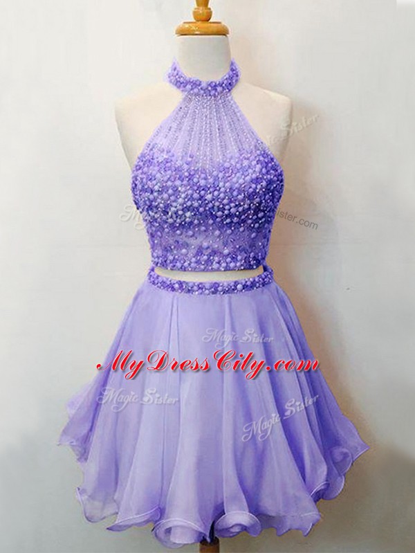 Lavender Sleeveless Beading Knee Length Wedding Guest Dresses