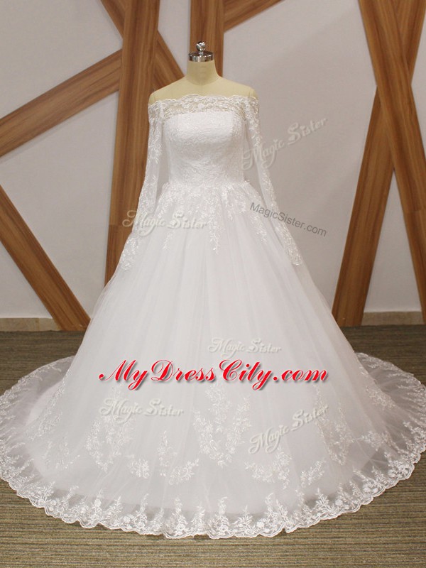 White Wedding Gowns Beach and Wedding Party with Beading and Appliques Scalloped Long Sleeves Court Train Lace Up