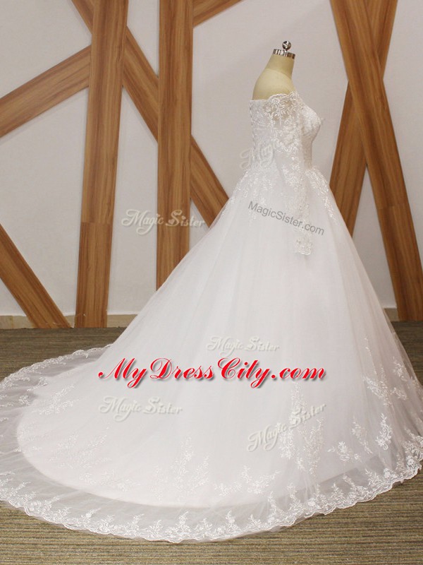 White Wedding Gowns Beach and Wedding Party with Beading and Appliques Scalloped Long Sleeves Court Train Lace Up