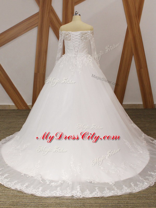 White Wedding Gowns Beach and Wedding Party with Beading and Appliques Scalloped Long Sleeves Court Train Lace Up