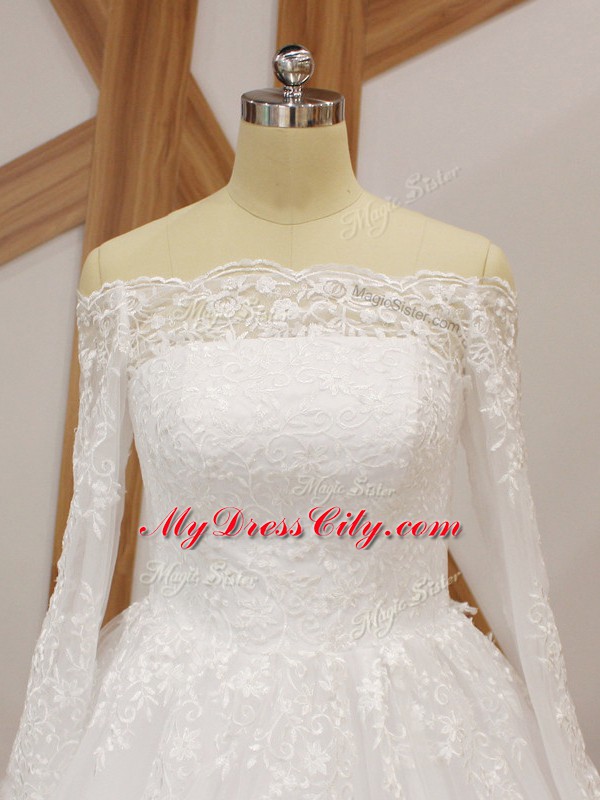 White Wedding Gowns Beach and Wedding Party with Beading and Appliques Scalloped Long Sleeves Court Train Lace Up