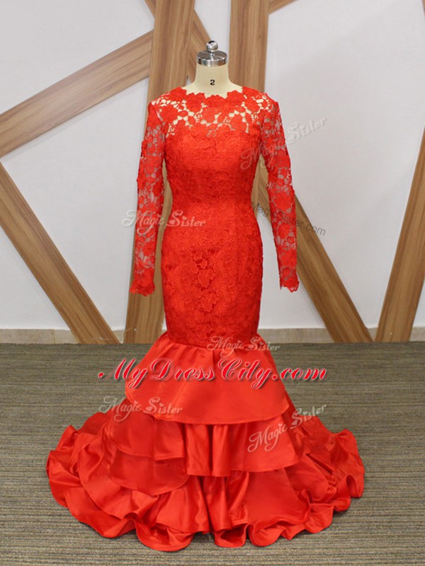 Red Taffeta Backless Scoop Long Sleeves Floor Length Evening Dress Lace and Appliques