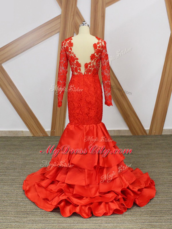 Red Taffeta Backless Scoop Long Sleeves Floor Length Evening Dress Lace and Appliques