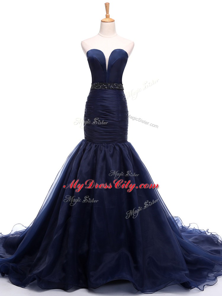 Lace Up Evening Dress Navy Blue for Prom and Military Ball with Beading and Ruching Court Train