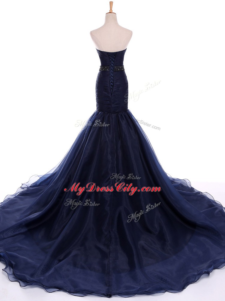 Lace Up Evening Dress Navy Blue for Prom and Military Ball with Beading and Ruching Court Train