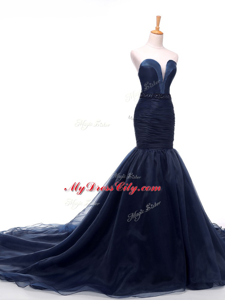 Lace Up Evening Dress Navy Blue for Prom and Military Ball with Beading and Ruching Court Train