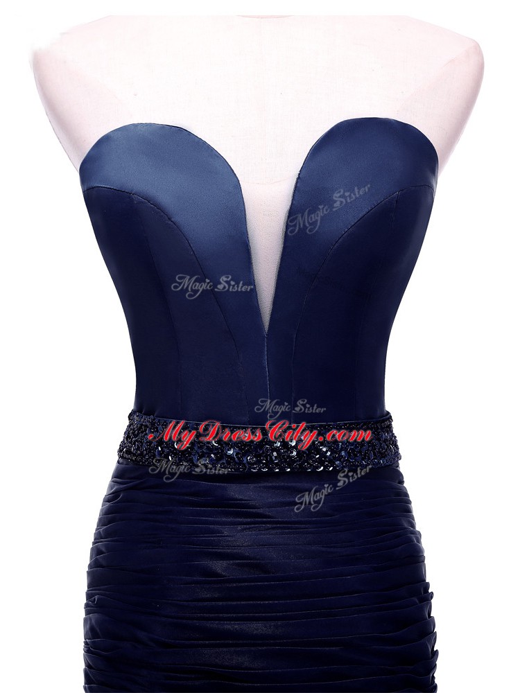 Lace Up Evening Dress Navy Blue for Prom and Military Ball with Beading and Ruching Court Train