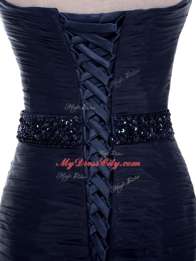 Lace Up Evening Dress Navy Blue for Prom and Military Ball with Beading and Ruching Court Train