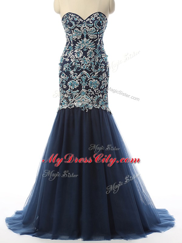 Flirting With Train Mermaid Sleeveless Navy Blue Prom Evening Gown Zipper